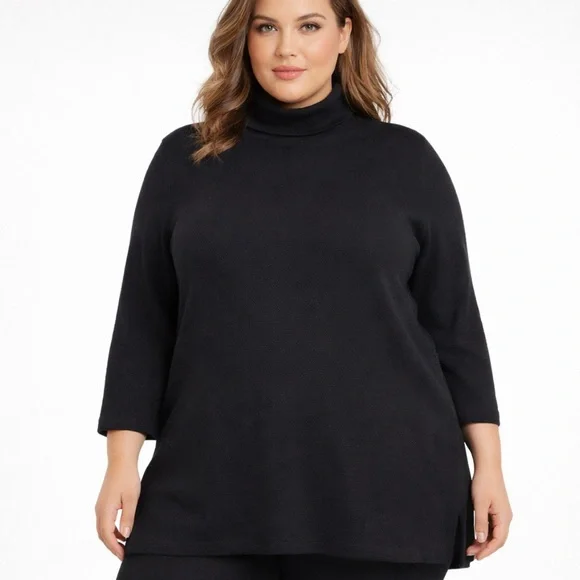 SOLD Lands’ End Black Turtleneck Sweater Tunic Pullover 100% Cotton 1X Side Slit - Picture 2 of 6